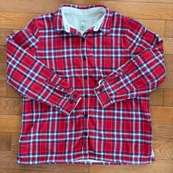 L.L. Bean Sweater Fleece Lined Plaid Flannel Shacket Womens XL Red Cabin Outdoor - Picture 2 of 8